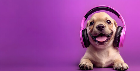 Sticker - Happy puppy in headphones on a purple background. 