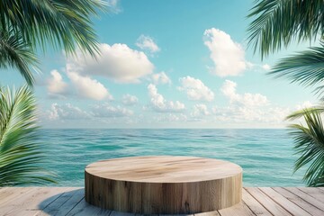 Summer product display on wooden podium at sea tropical beach with generative ai