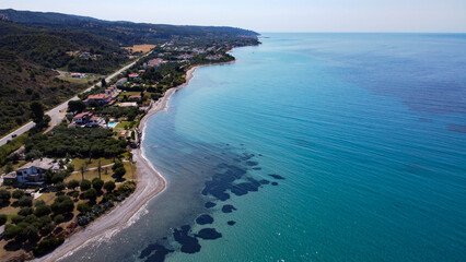 Greek beach near the city of Thessaloniki, The photo shows a resort area with a beautiful beach and crystal clear water