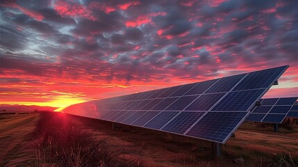 Aufkleber - A sunrise over a solar panel field, with the panels reflecting the vibrant colors of dawn. Generative AI.