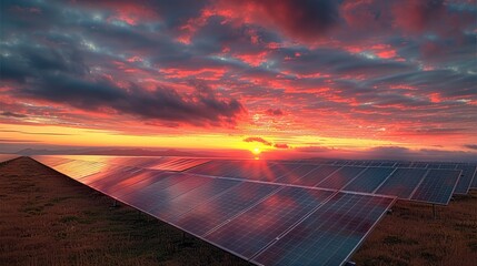 Aufkleber - A sunrise over a solar panel field, with the panels reflecting the vibrant colors of dawn. Generative AI.
