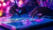 © siripimon2525 - Neon Line Art of a graphic designer working on a digital tablet, creating intricate designs with a stylus, deeply focused on the screen as vibrant colors swirl around