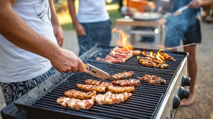 People grilling and cooking food at a Labor Day barbecue.