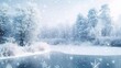 © CLOVER BACKGROUND - Winter Wonderland: A serene and tranquil scene of a frozen lake surrounded by snow-covered trees, with delicate snowflakes gently falling, creating a magical and ethereal atmosphere.