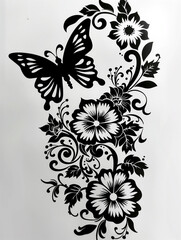 Sticker - A butterfly is drawn on a flower with a black and white background. Concept of elegance and beauty