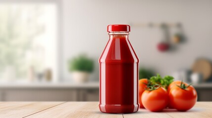 Wall Mural - Bottle of tasty tomato juice and tomatoes on kitchen interior background. Neural network ai generated art