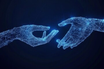 Two Digital Hands Holding Something. Blue Low Poly Wireframe Illustration on Dark Blue Background. Technology Concept. with generative ai