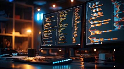 Fototapete - A developer computer in a dark office, the monitor brightly displaying lines of code, the soft glow illuminating the keyboard. Generative AI.