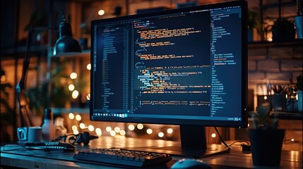 Fototapete - A developer computer in a dark office, the monitor brightly displaying lines of code, the soft glow illuminating the keyboard. Generative AI.