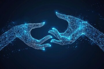 Two Digital Hands Holding Something. Blue Low Poly Wireframe Illustration on Dark Blue Background. Technology Concept. with generative ai