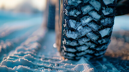 A closeup photo showcasing the intricate tread pattern of a winter tire, emphasizing the specialized design for enhanced grip and safety while driving on snowy and icy roads during winter conditions

