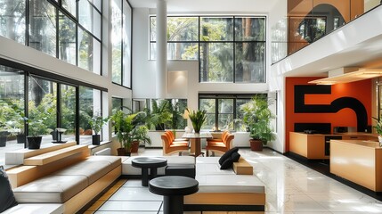 Poster - Interior design, view of the living room and kitchen with island, large Windows with natural light, light colors, vegetation, modern furniture, skylights, modern minimalist design. Generative AI.