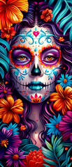 Wall Mural - A woman with a flowery headdress and a skull on her face. The skull is surrounded by flowers and the woman's face is painted with flowers