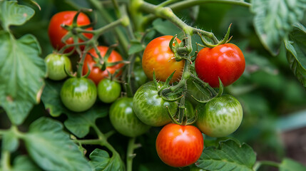 A vibrant image showcasing the process of organic tomato cultivation with a mix of ripe red and unripe green tomatoes hanging from the lush green vines of a healthy tomato plant in a garden
