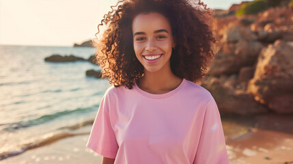 A woman with curly hair in a pink T-shirt smiles against the backdrop of a beach with rock formations and a sea reflecting the warm light of the sunset