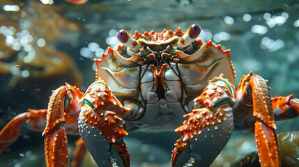 Close-up of a crab with orange and white shell, in a blue water tank.