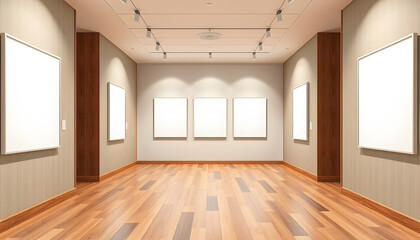 Wall Mural - A series of blank posters on a corridor wall, wooden floor, and a concept of an art gallery exhibition. 3D Rendering isolated with white highlights, png