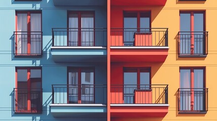 Sticker - A vibrant facade of modern apartments in contrasting colors with balconies.