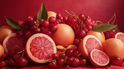 Fresh Red Grapefruits and Cherries on Vibrant Red Background - A vibrant arrangement of fresh red grapefruits and juicy cherries against a rich red background, highlighting their freshness and vivid c