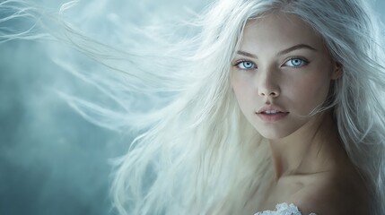 Wall Mural - A woman with long white hair and blue eyes.