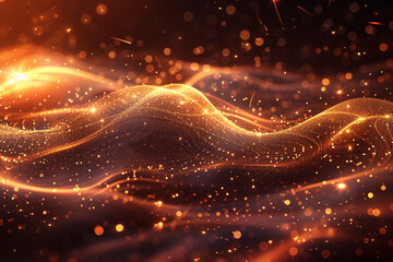 Poster - dark brown abstract technology background features a digital signature surrounded by sparkling waves, curtains, and areas with deep depths, all accentuated by golden light lines in form of particles,