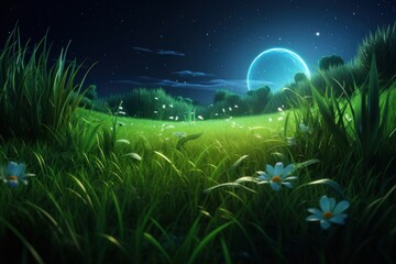 Wall Mural - Grass night landscape grassland.