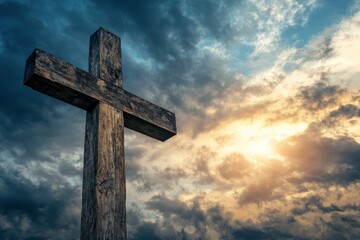 Holy cross symbolizing the death and resurrection of jesus christ with dramatic sky view , ai