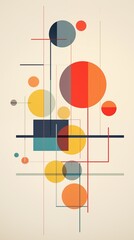 A modern abstract composition featuring various geometric shapes including circles, squares, and lines in vibrant colors like red, yellow, blue, and green against a light background.