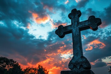 Holy cross symbolizing the death and resurrection of jesus christ with dramatic sky view , ai