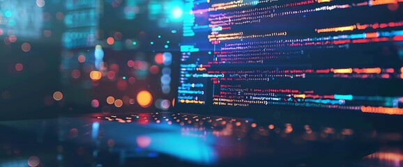 Closeup of a laptop screen displaying computer code with colorful lights in the background.