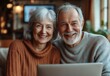 © Boxiang - Joyful senior couple enjoying a cozy evening at home with modern decor, watching TV and sharing laughter in a minimalist setting filled with greenery and soft lighting.