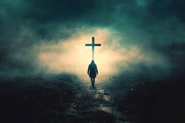 Wall Mural - Jesus Cross Concept: way walking towards a cross , ai