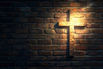 Lighted Cross Background. Back lit cross on a brick background with copy space , ai