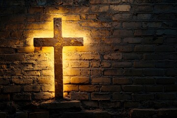 Lighted Cross Background. Back lit cross on a brick background with copy space , ai