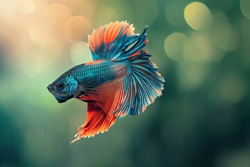 A vibrant Siamese Fighting Fish with orange and blue fins against a green and yellow blurred background.