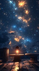 Wall Mural - stars twinkle in the night sky, illuminating an old wooden table with glowing lanterns on it. in fro