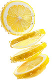 Sliced lemon citrus fruit with water drops isolated on transparent background. Full depth of field.