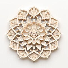 Minimalistic mandala artwork. A beautifully crafted 3D floral mandala design made of layered paper, featuring intricate patterns and a soft beige color palette. 