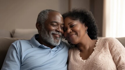 Poster - A man and woman smiling while sitting on a couch, AI