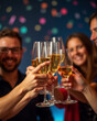 © Nikolaus - A joyful group of friends clinks champagne glasses together under festive lights, celebrating a special moment with laughter and cheer.