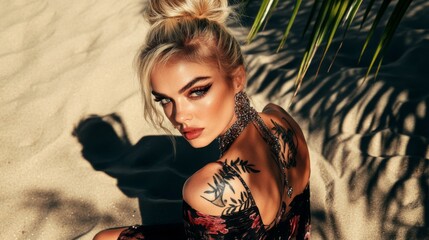 A captivating scene of a tattooed woman posing on a sandy beach under the evening light, blending her striking appearance with the natural beauty of the setting.