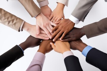 Close up top view of young business people putting their hands together teamwork success unity.