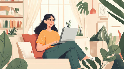 Sticker - A woman sitting on a couch with laptop in hand, AI