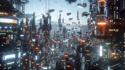 Poster - Futuristic Cityscape with Flying Vehicles