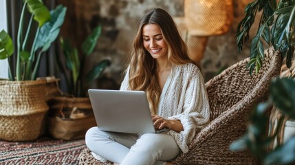 Sticker - A woman sitting on a chair with her laptop open, AI