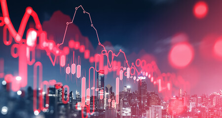 Wall Mural - Financial graph showing market downturn, red graph overlay on cityscape background.