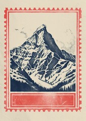 Sticker - Vintage postage stamp with mountain nature landscape outdoors.