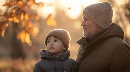 A grandfather and grandson enjoy a serene moment outdoors in the autumn light