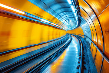 speed motion blurred underground subway tunnel with a vibrant yellow color tone, creating a dynamic and futuristic atmosphere that captures essence of modern