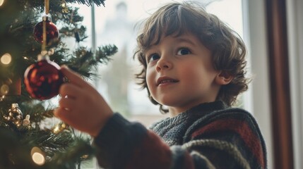 Poster - A young boy is putting a red ornament on the christmas tree, AI